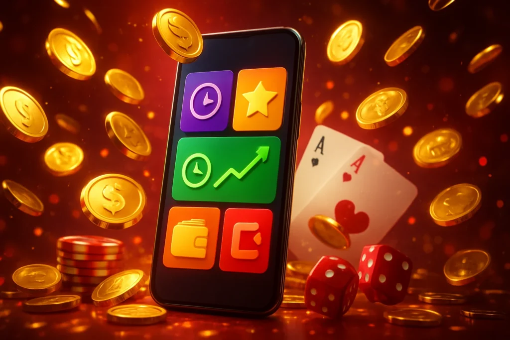 go444 apk: Benefits of Using the Mobile App go444 apk – Mobile phone with clock, star, growth chart, and wallet icons highlighting go444 app benefits.