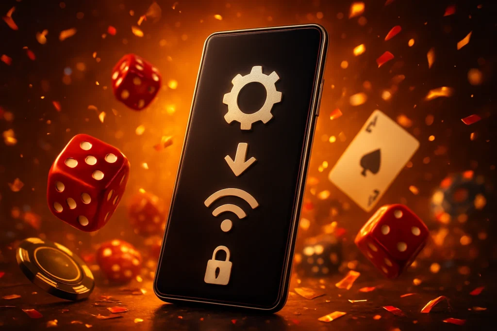 go444 apk: Preparing for Your App Download go444 apk – Android phone settings screen, gear, download, Wi-Fi, and security icons for go444 app installation.