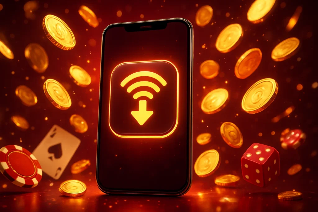 Stylized smartphone screen showing a download arrow and progress bar for the go444 app.