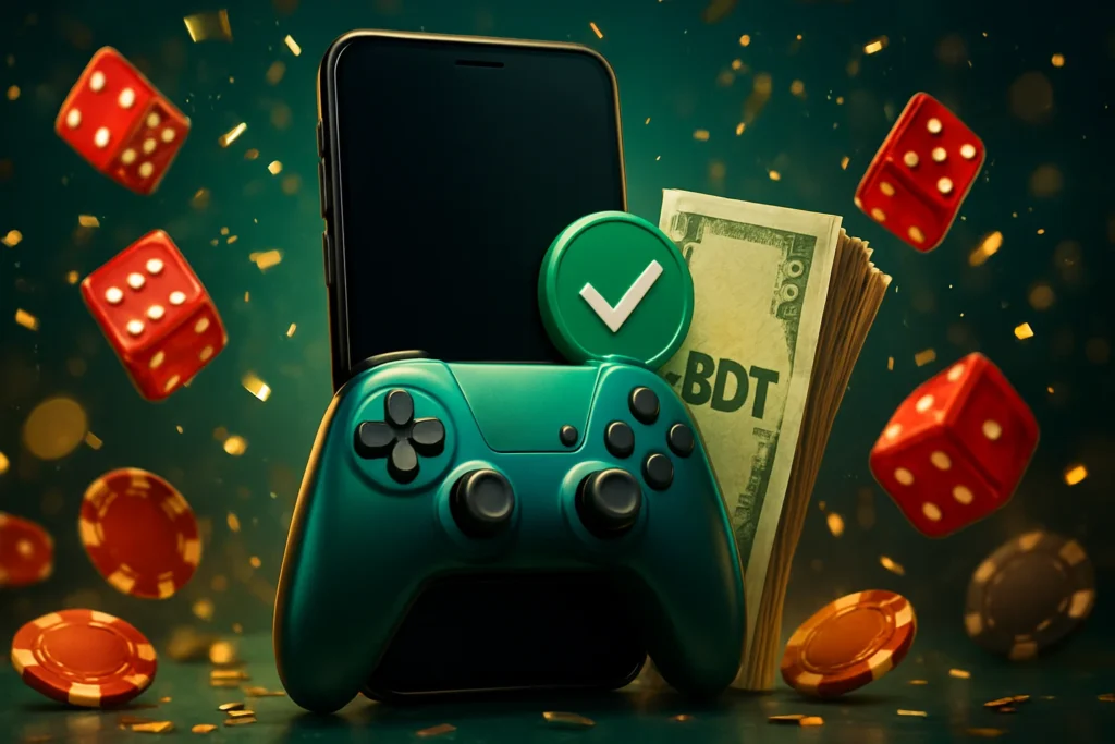 go444 game – Mobile phone with BDT currency and game controller icons, symbolizing GO444's appeal to Bangladeshi players.